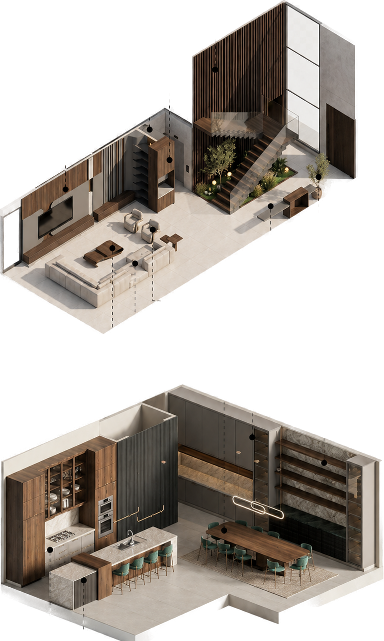 ARQIA architectural detail — isometric living, kitchen and dining with material schedule