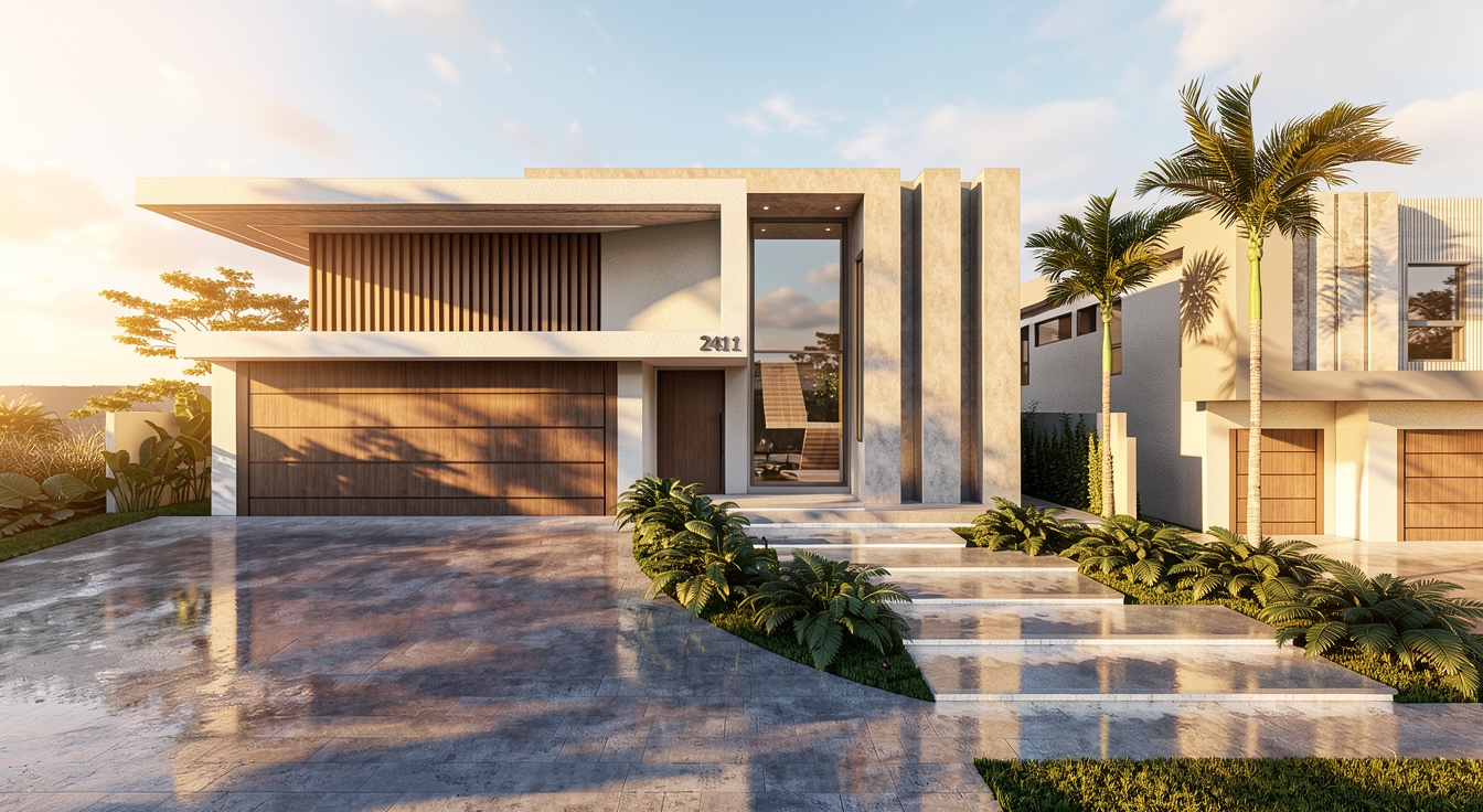 2411 Residence — modern coastal facade with timber screen, travertine fins and lit entry stair