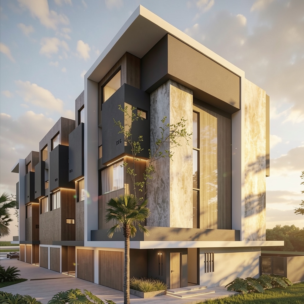 Corner residence in golden light, travertine and timber