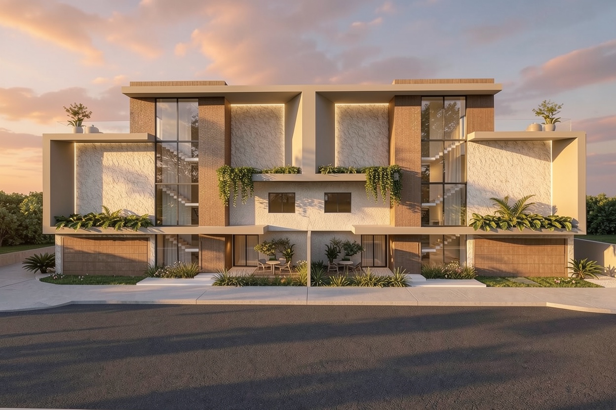 Symmetrical twin residence, front elevation