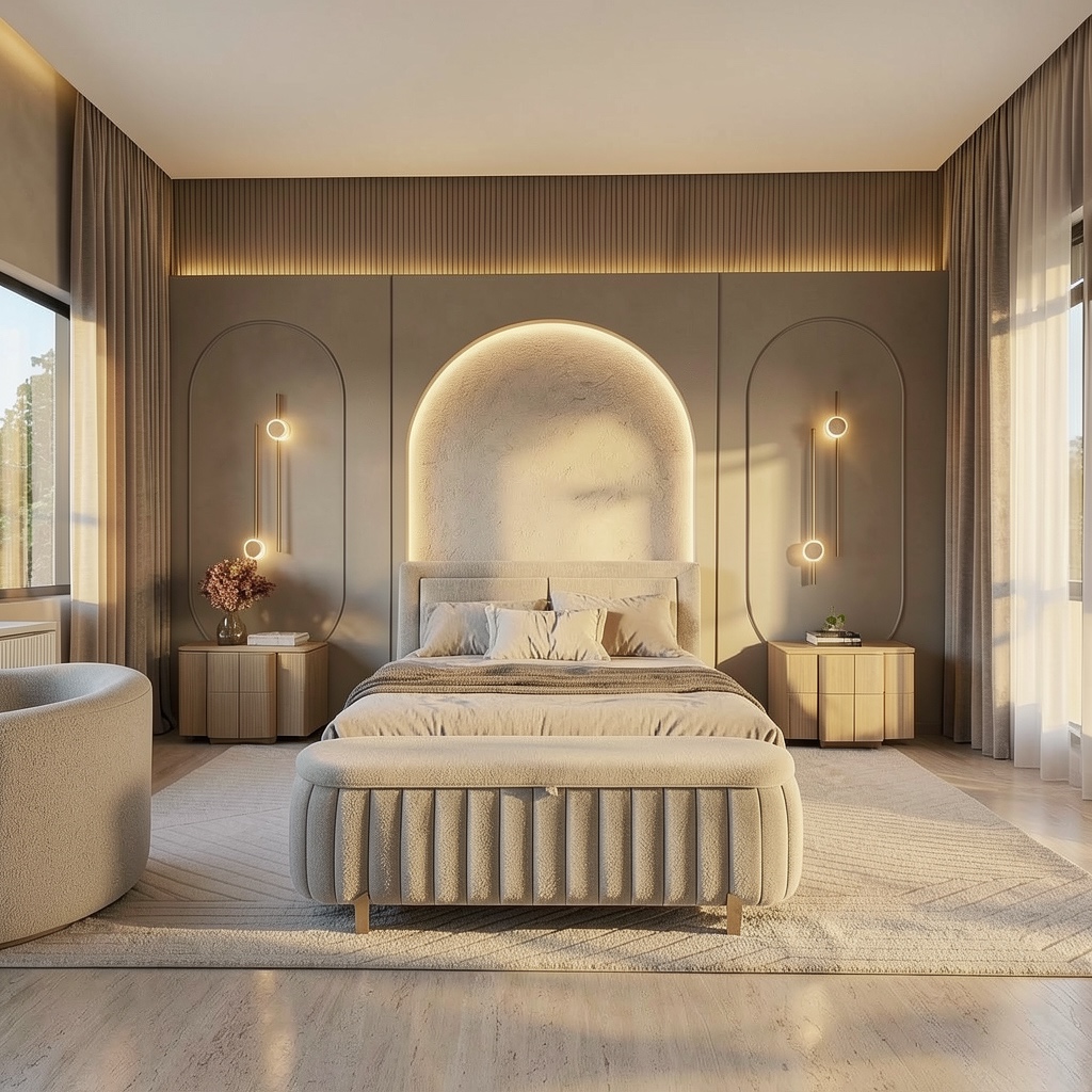 Primary bedroom with arched plaster headboard and pill sconces