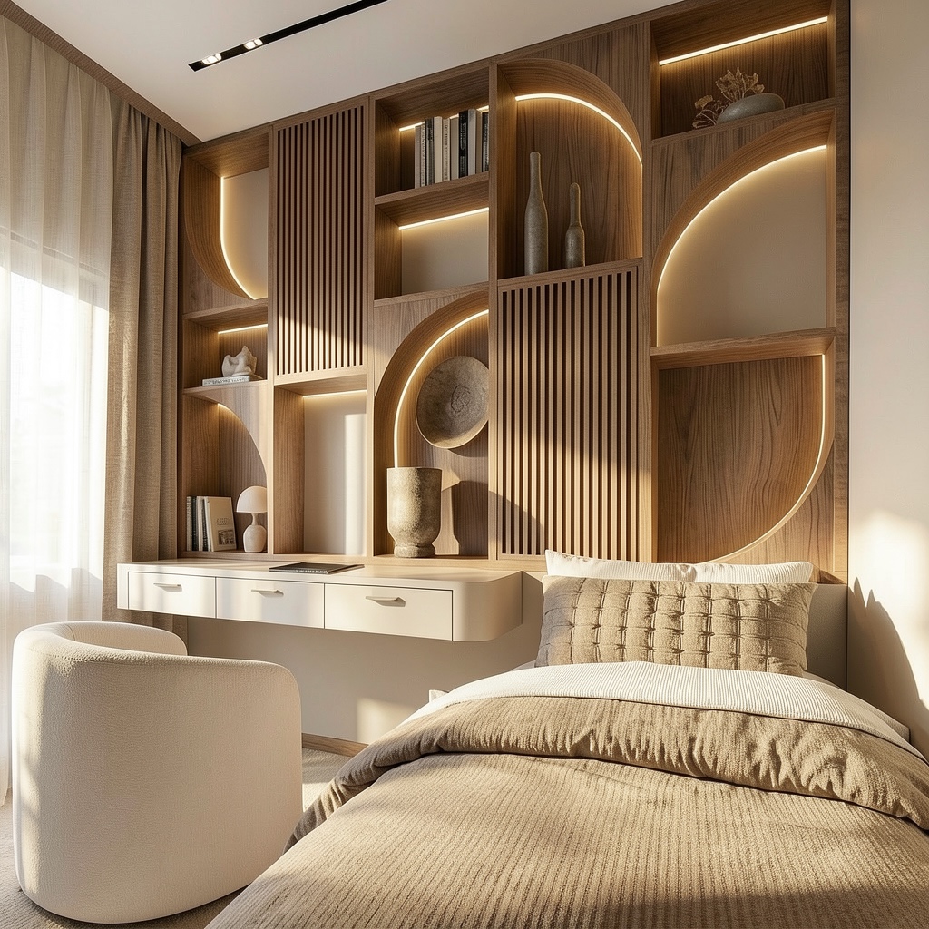Bedroom with sculpted timber shelving and floating desk