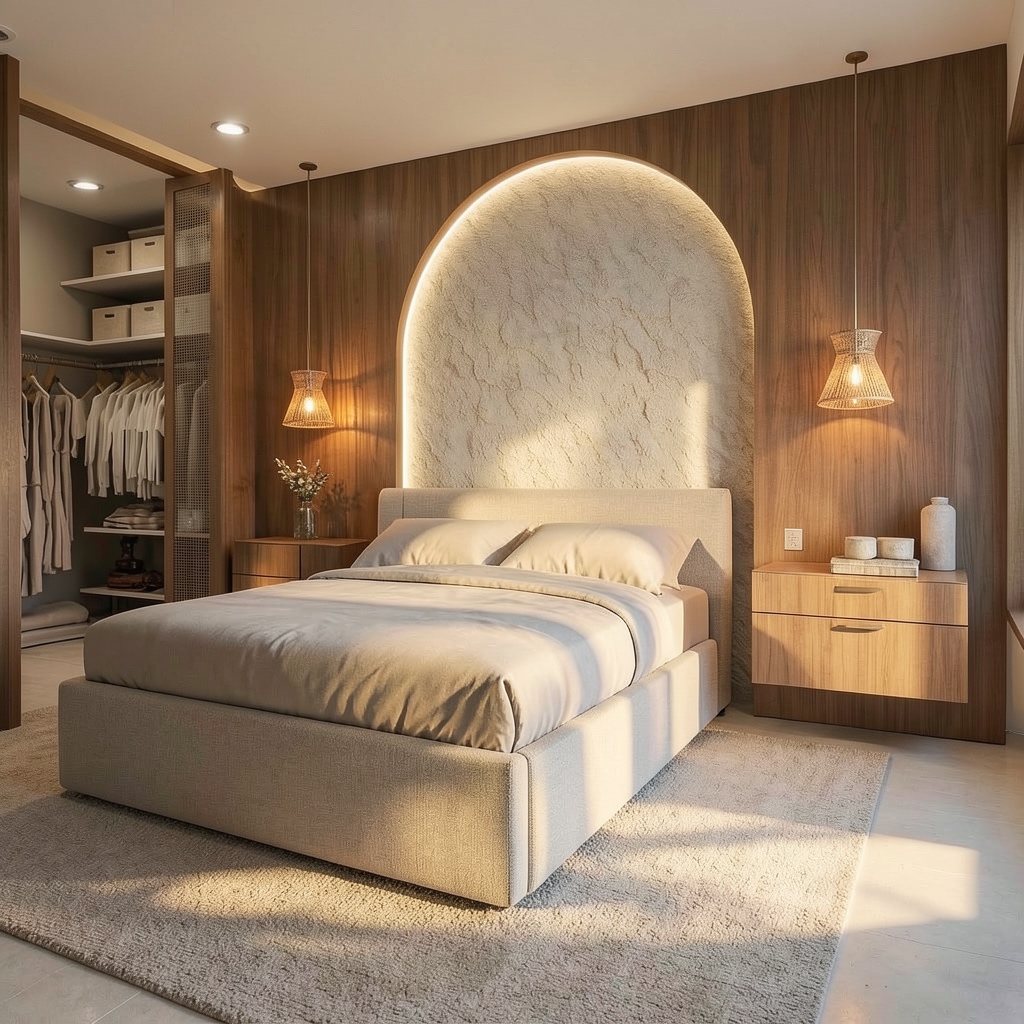 Bedroom suite with walk-in wardrobe and arched textured headboard