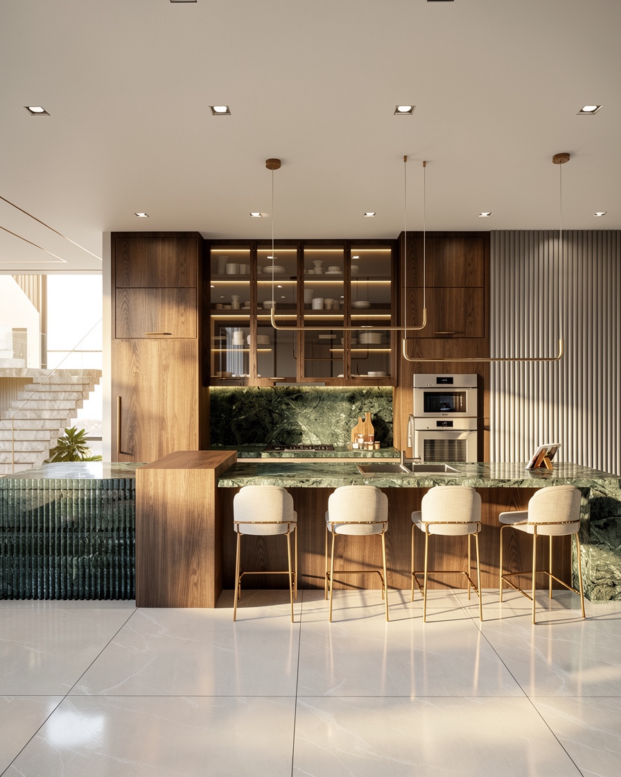 Kitchen elevation with fluted marble island and brass stools
