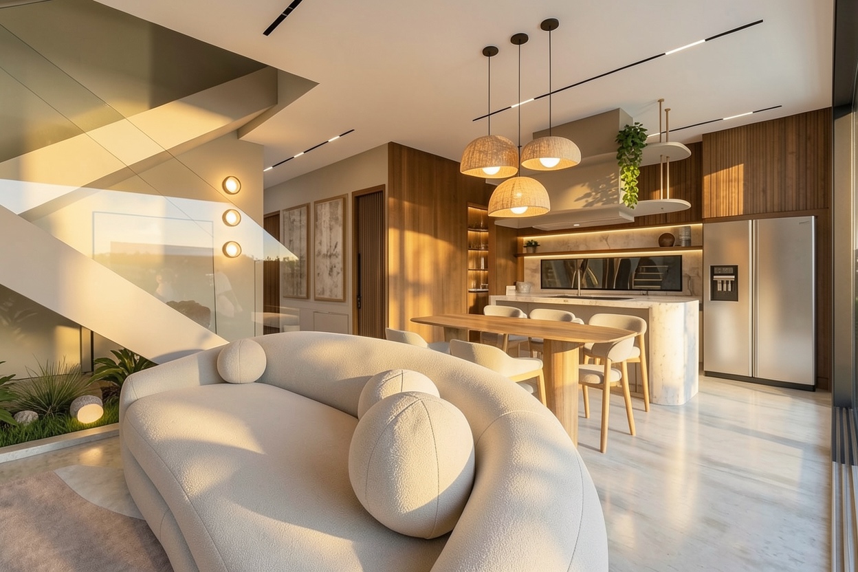 Open-plan living and kitchen with curved bouclé sofa and stair
