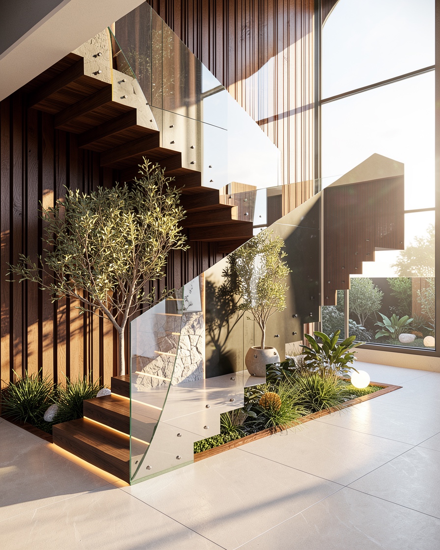Floating timber stair with glass rail over an interior garden