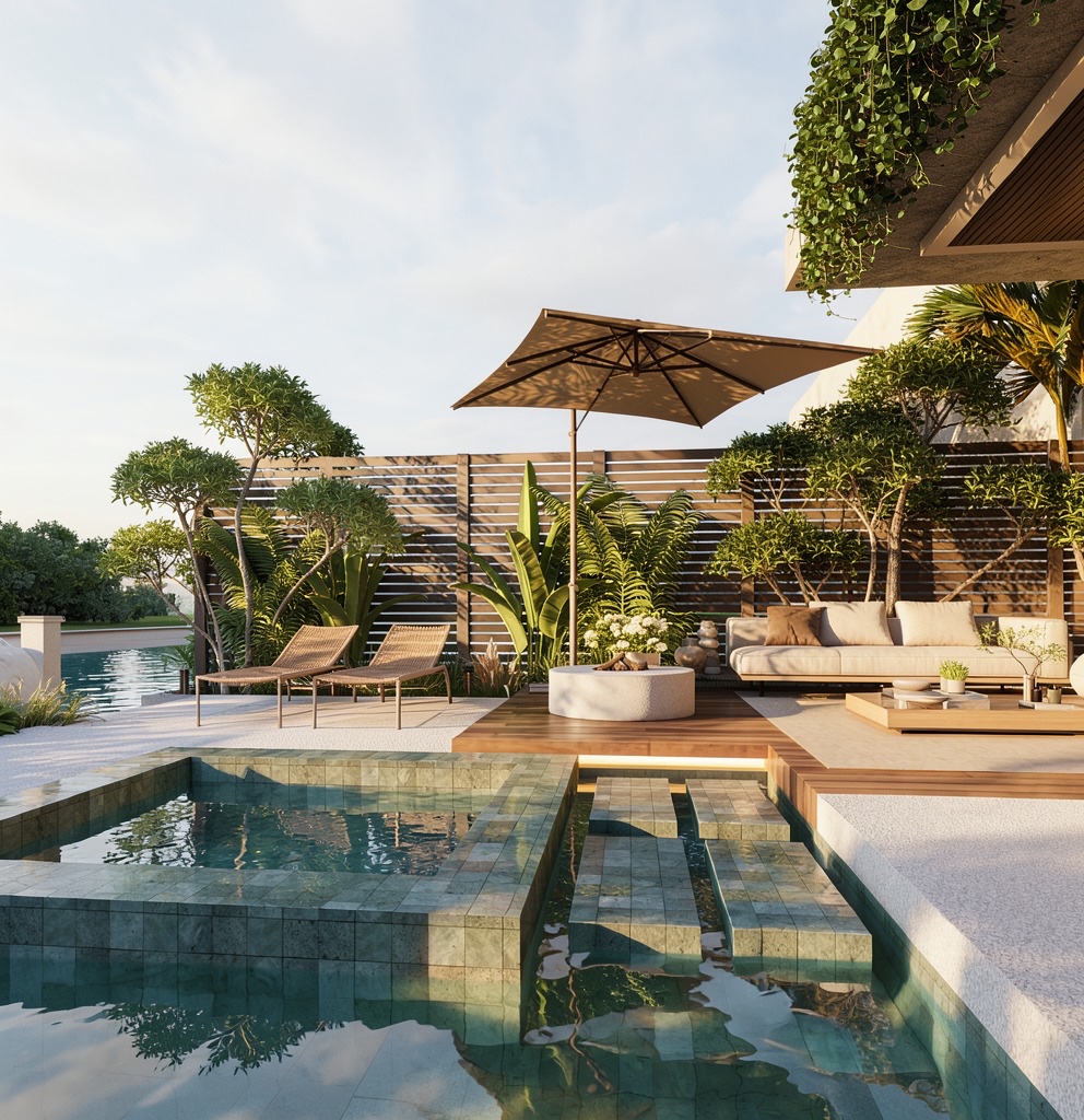 Green-tile pool deck with loungers, umbrella and lounge sofa