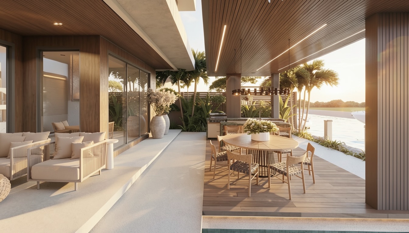 Covered terrace with lounge seating and dining at golden hour