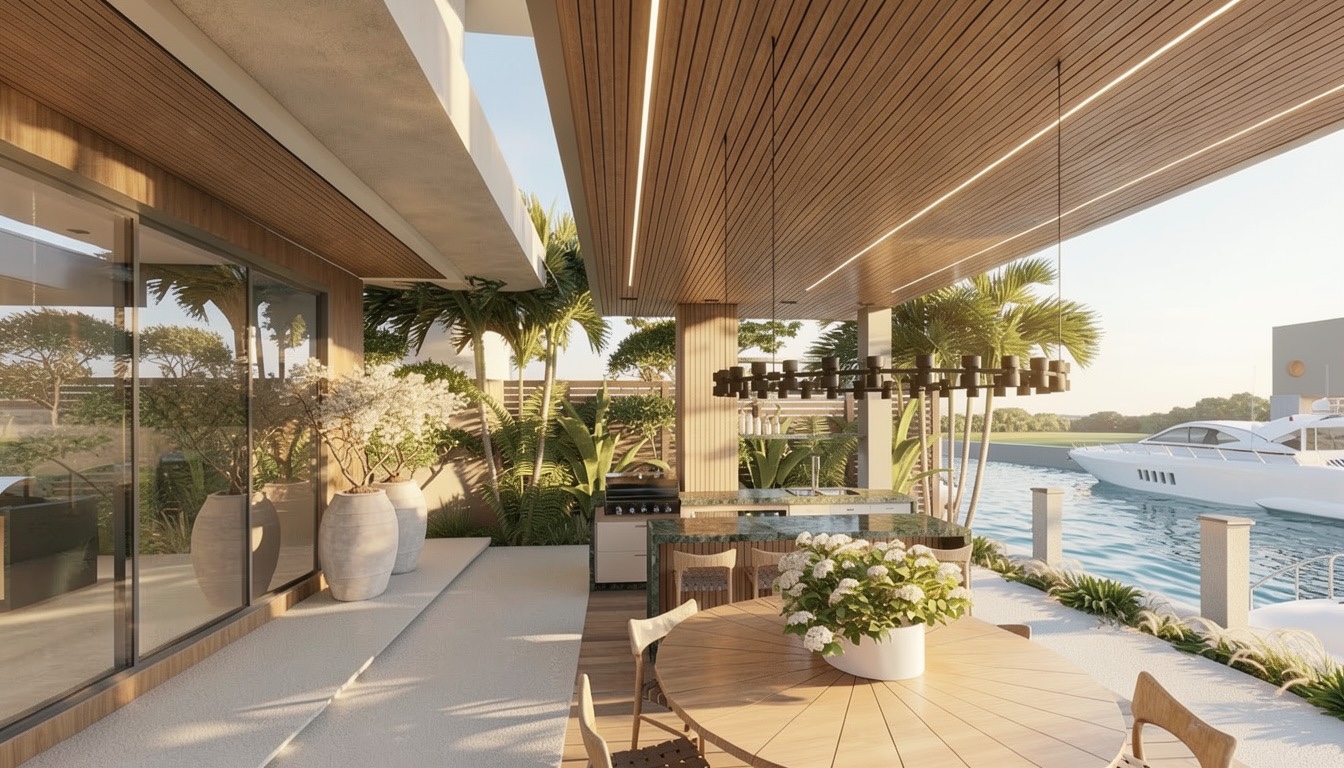 Waterfront terrace with dining table and yacht on the dock